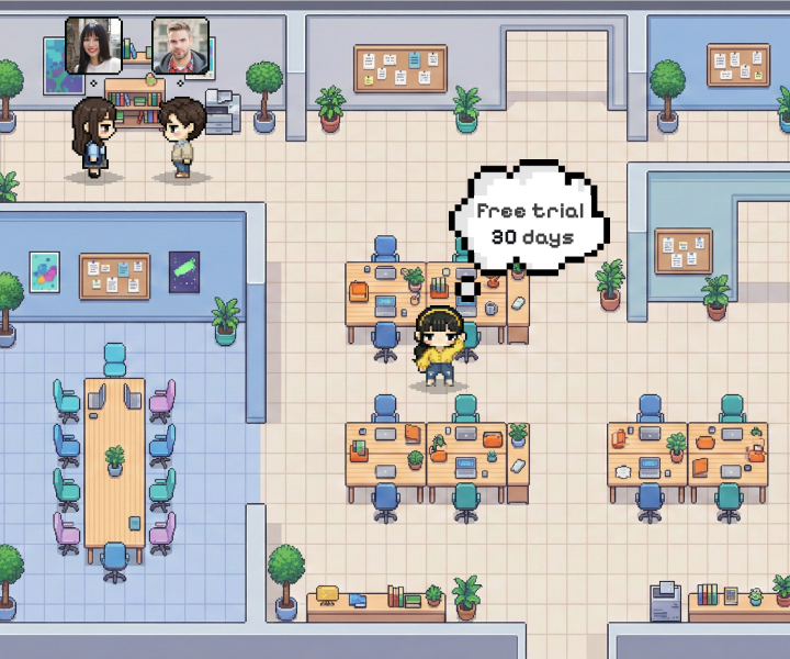 A pixel-art virtual office with teammates collaborating