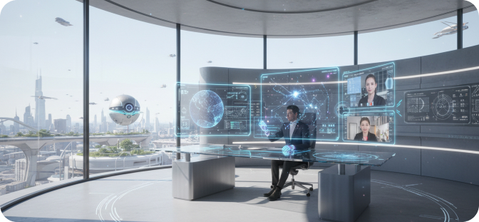 Zyra virtual office with holographic dashboards