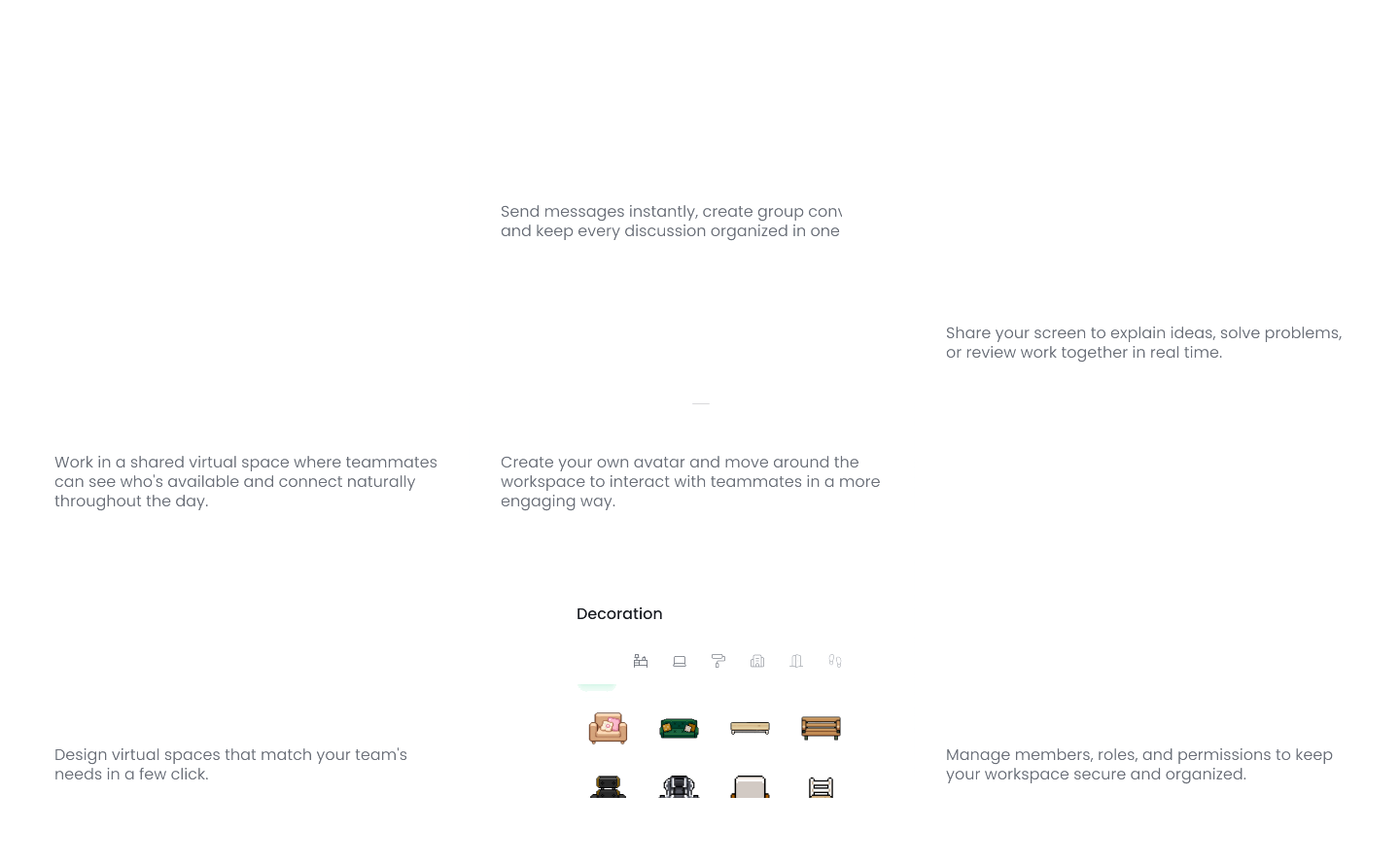Feature overview: Virtual office, Real-time chat, Avatar, Screen share, Space builder and Team management.