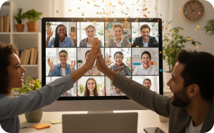 Remote team celebrating on a video wall