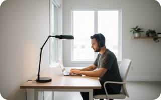 Person doing focused deep work at a lamp-lit desk