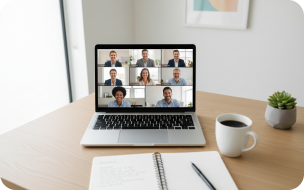 Laptop showing a video meeting grid on a desk