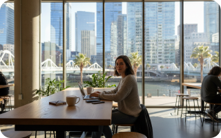 Digital nomad working from a cafe with city view
