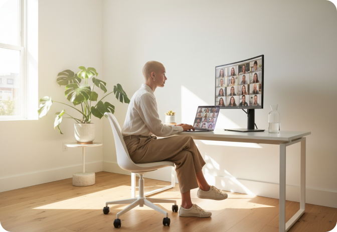 Person working in a bright home office during a video call